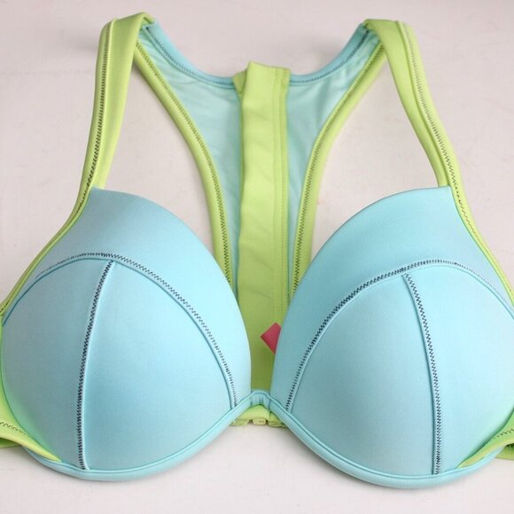 Victoria’s Secret Neoprene Blue Green Zipper Racerback Bikini Top Size 34DD - Picture 4 of 8